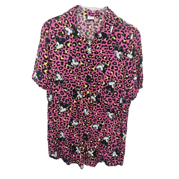 Disney Pink Animal Print Mickey Mouse sz P (Petite) Short Sleeve Vacation 80s - Picture 1 of 5